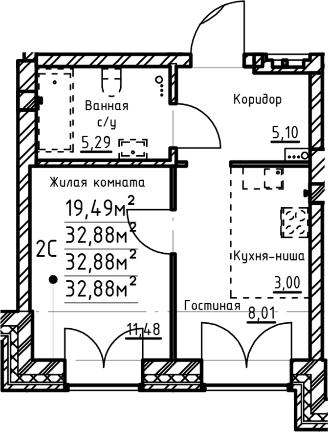 Планировка 1-к.кв, 32,88 м² в ЖК Твоя привилегия